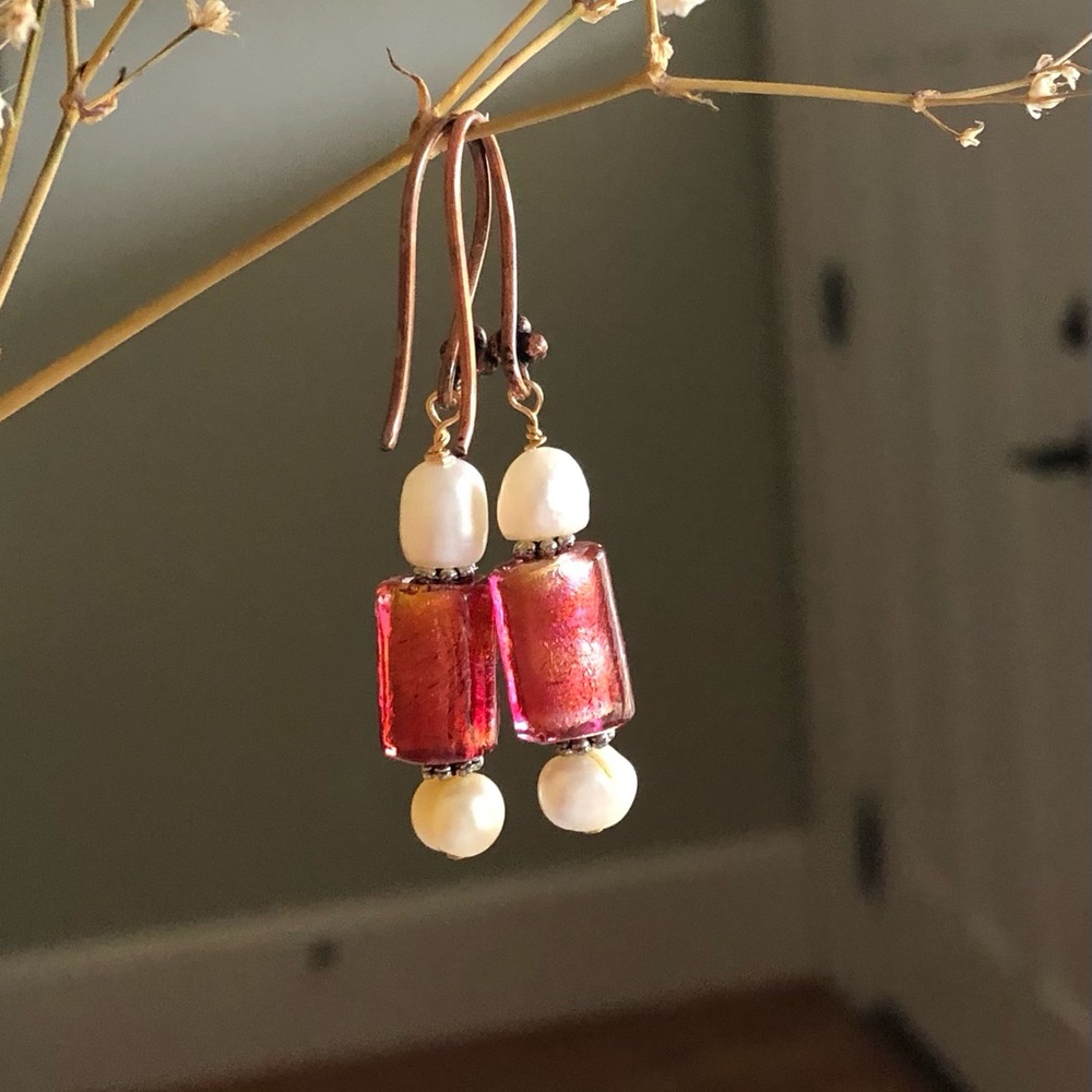 Women's earrings: freshwater pearl and red Murano glass on copper ear wires